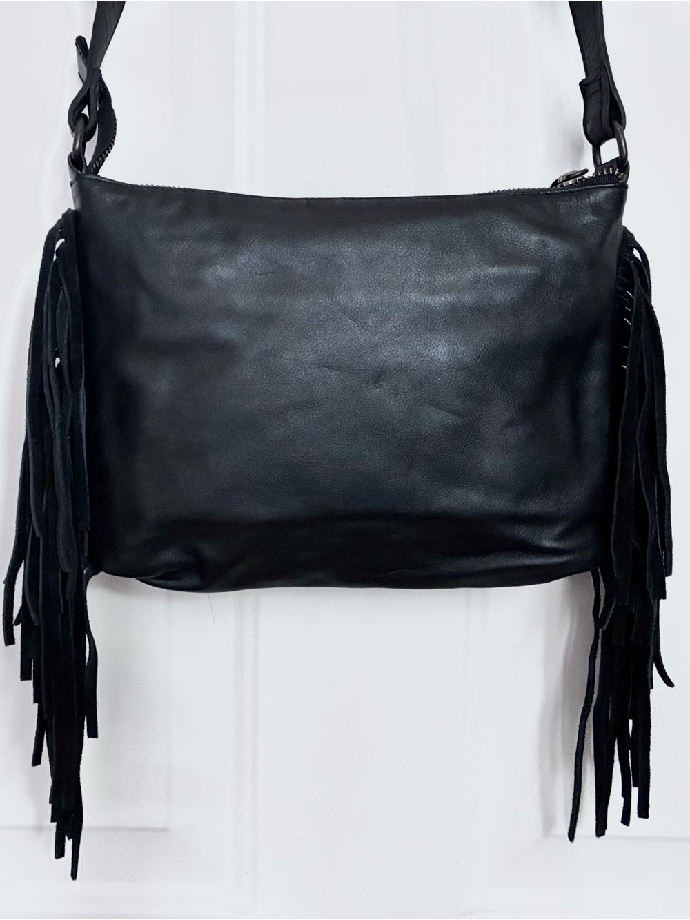 Fringed Tooled Leather Crossbody Bag - Black & Burgundy - Picture 8 of 10